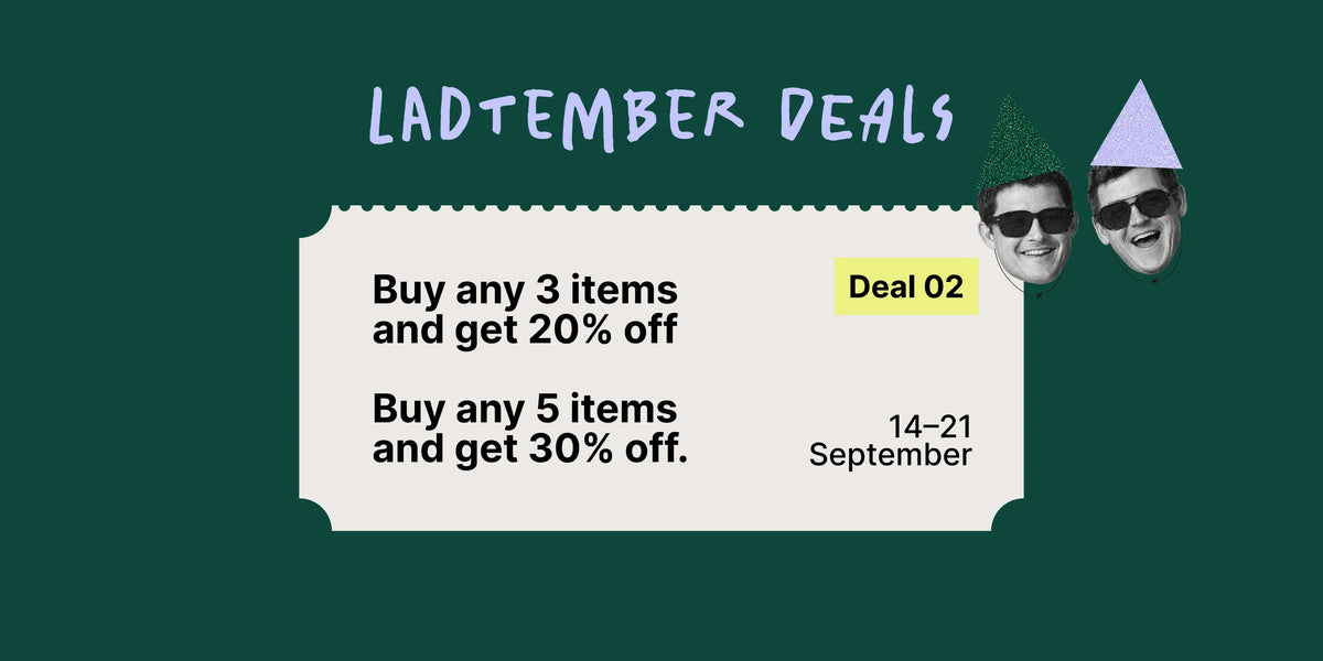 Promotional graphic for 'LADTEMBER DEALS' on a dark green background, featuring a white torn-edge coupon with sale text: 'Buy any 3 items and get 20% off' and 'Buy any 5 items and get 30% off.' A yellow box reads 'Deal 02,' with dates '14-21 September.