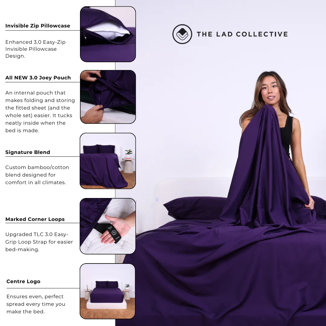 Purple bedding set with features highlighted on a white background, featuring 'The Lad Collective' brand.