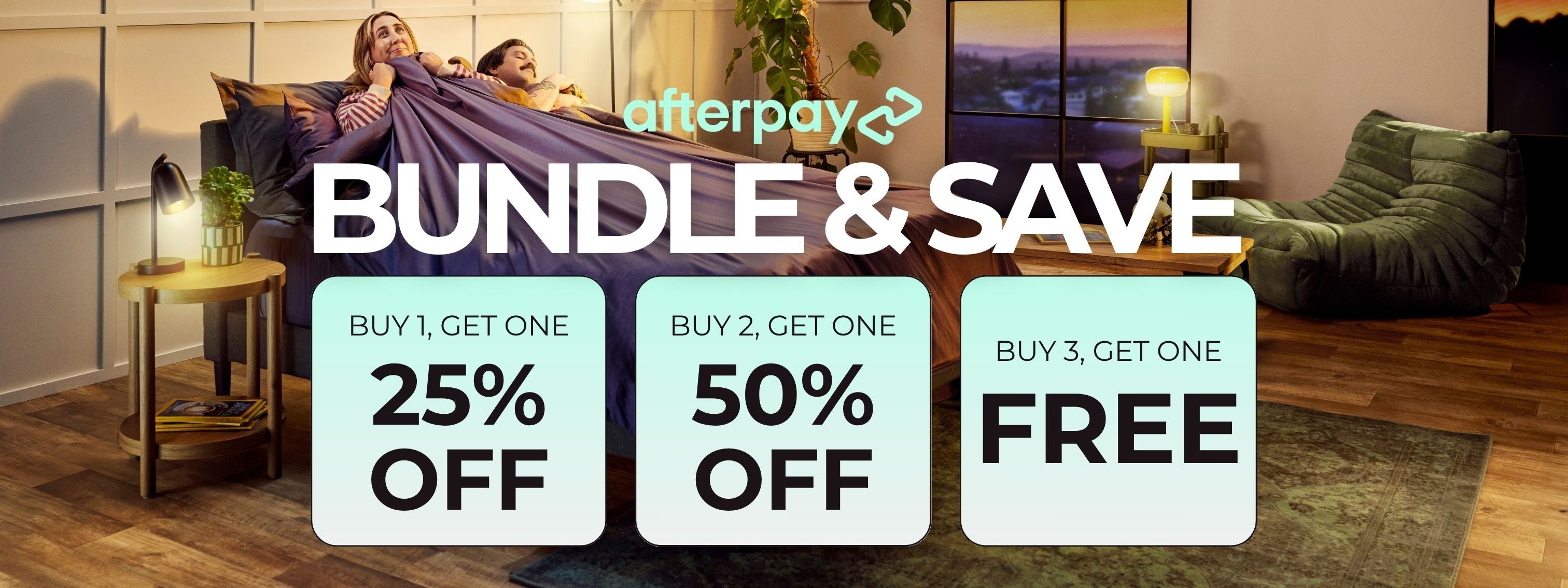 Living room with 'Afterpay Bundle & Save' promotion displayed