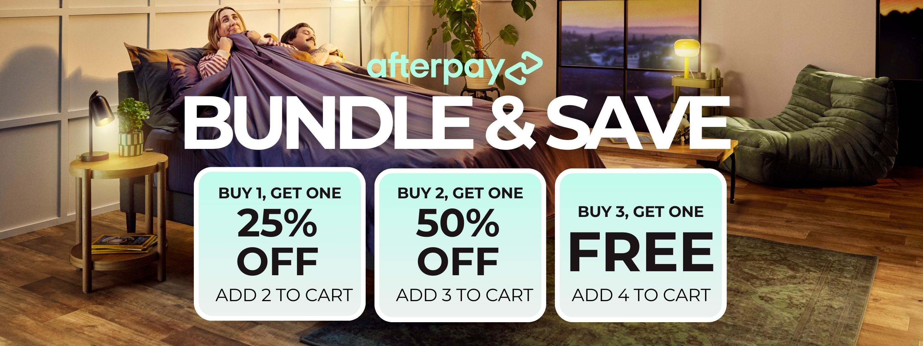 Living room with 'Afterpay Bundle & Save' promotional text overlay