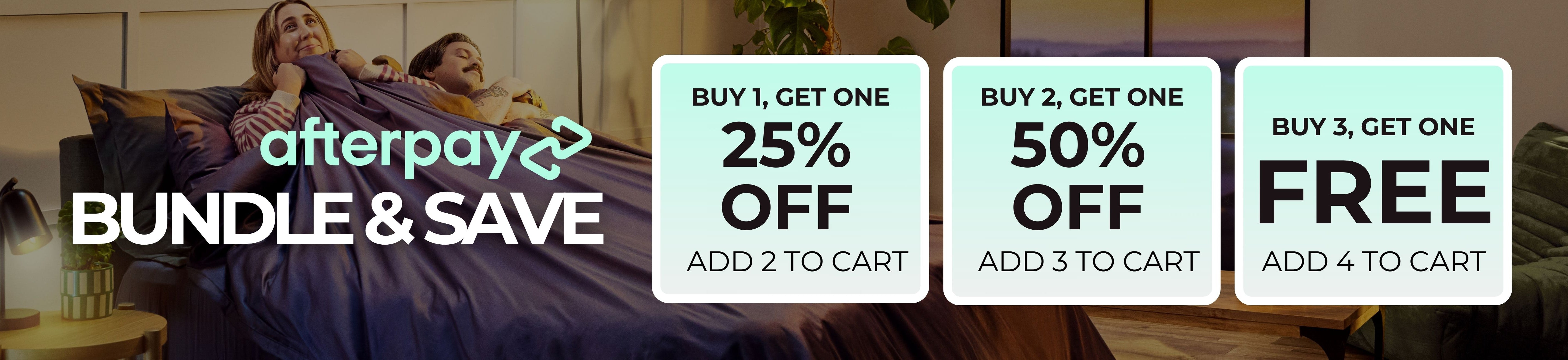 Promotional banner for Afterpay bundle and save offer with text overlay.