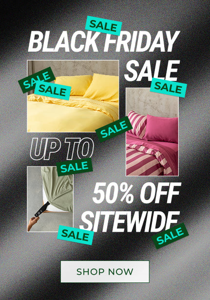 Black Friday sale advertisement with bedding and clothing images on a dark background.