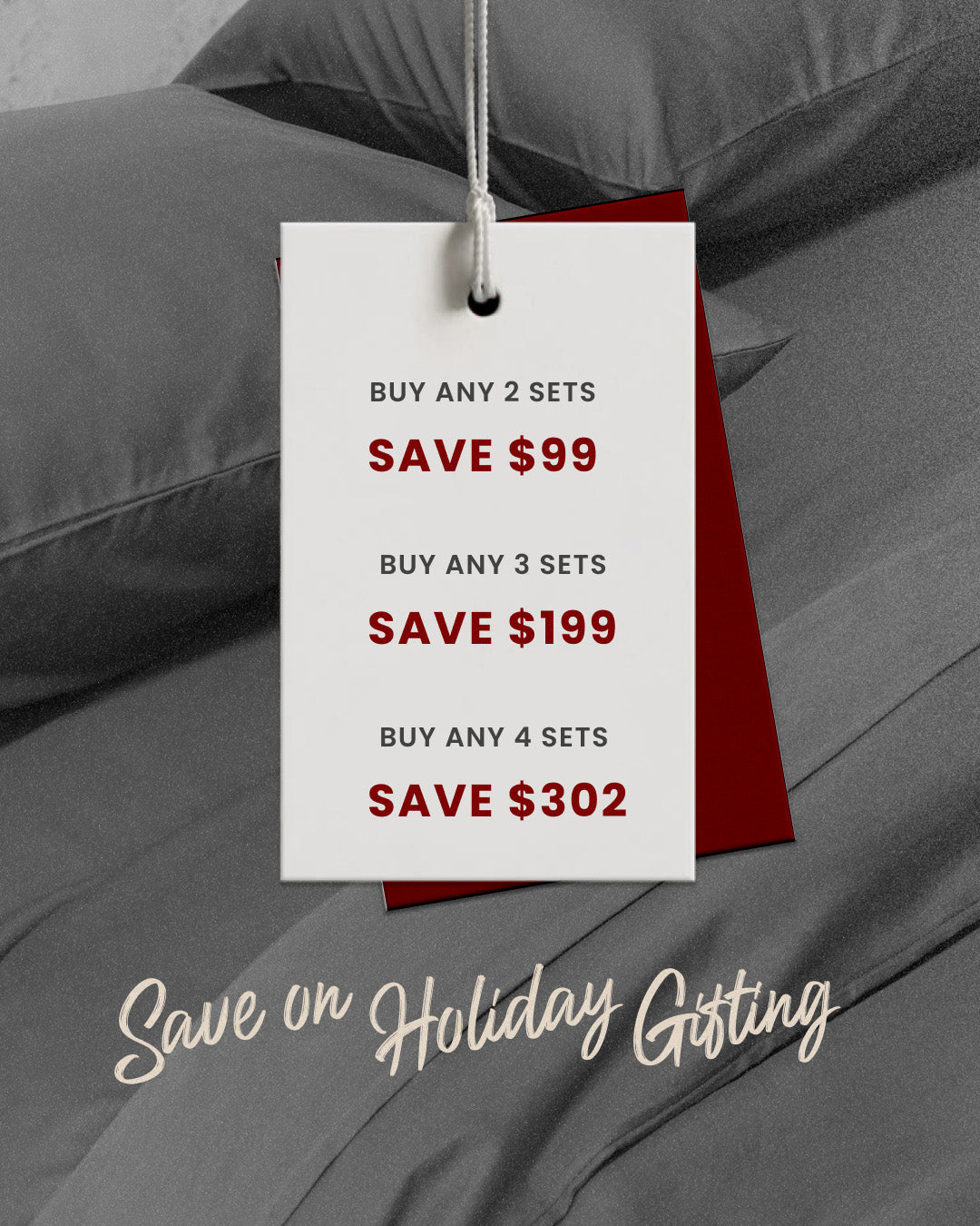 Promotional tag on gray bedding with discount information