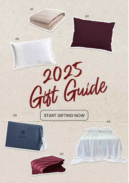 2025 Gift Guide with various home decor items on a textured beige background