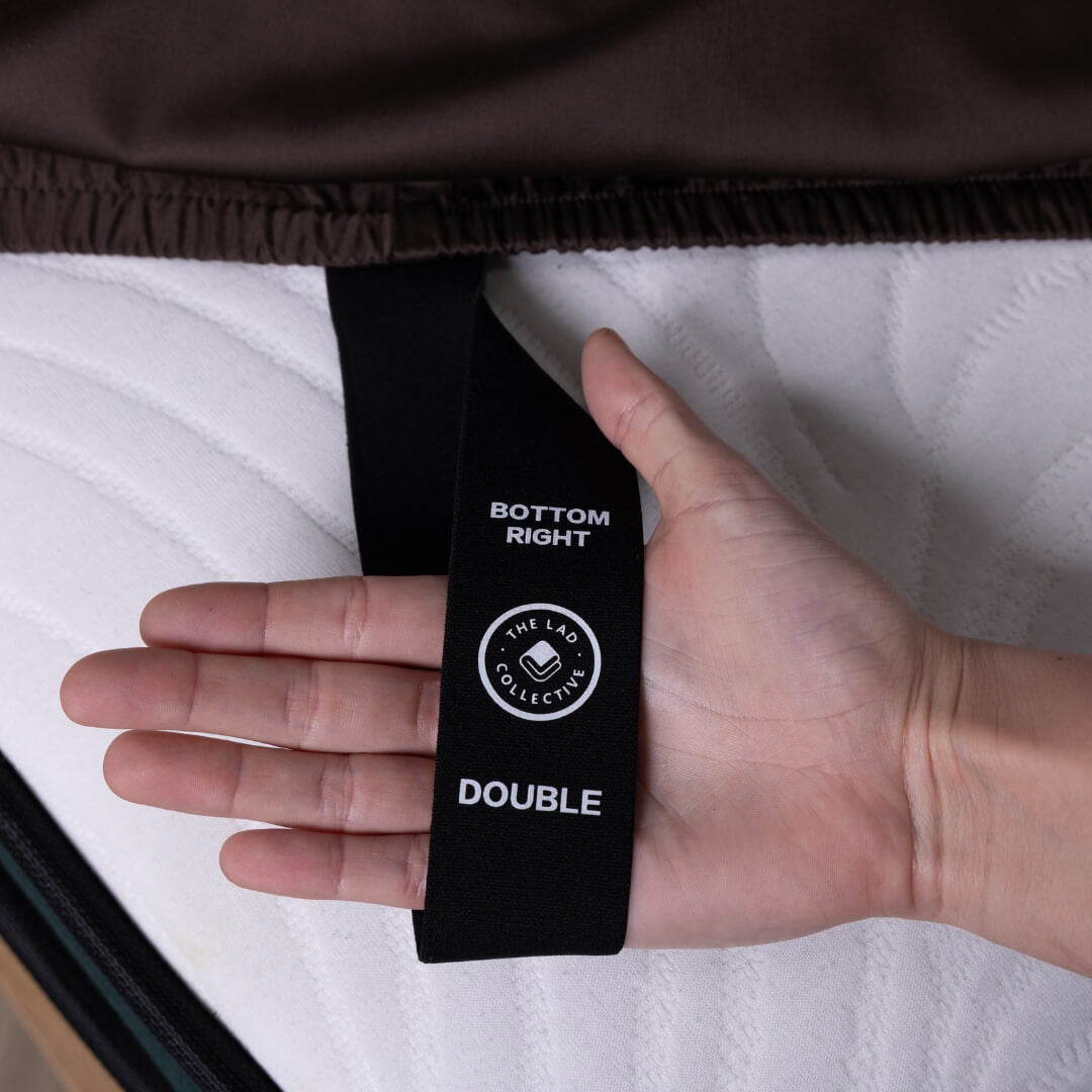 Hand holding a black tag labeled 'Bottom Right Double', attached to the corner of a fitted sheet.