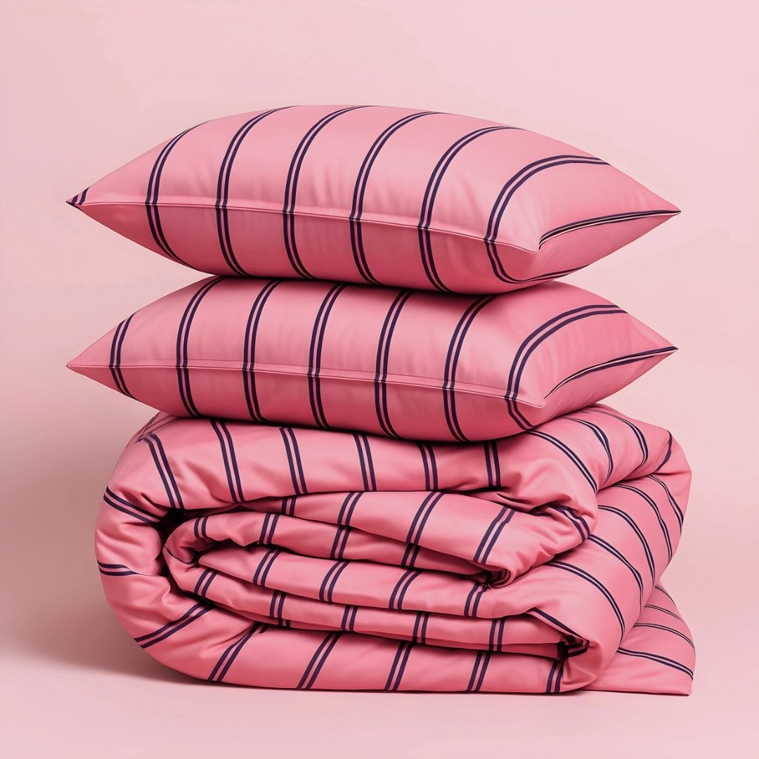Pink striped bedding set with two pillows on a pink background.
