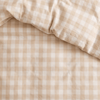 Close-up of the beige gingham quilt cover fabric, highlighting the classic checkered design, soft texture, and lightweight material.