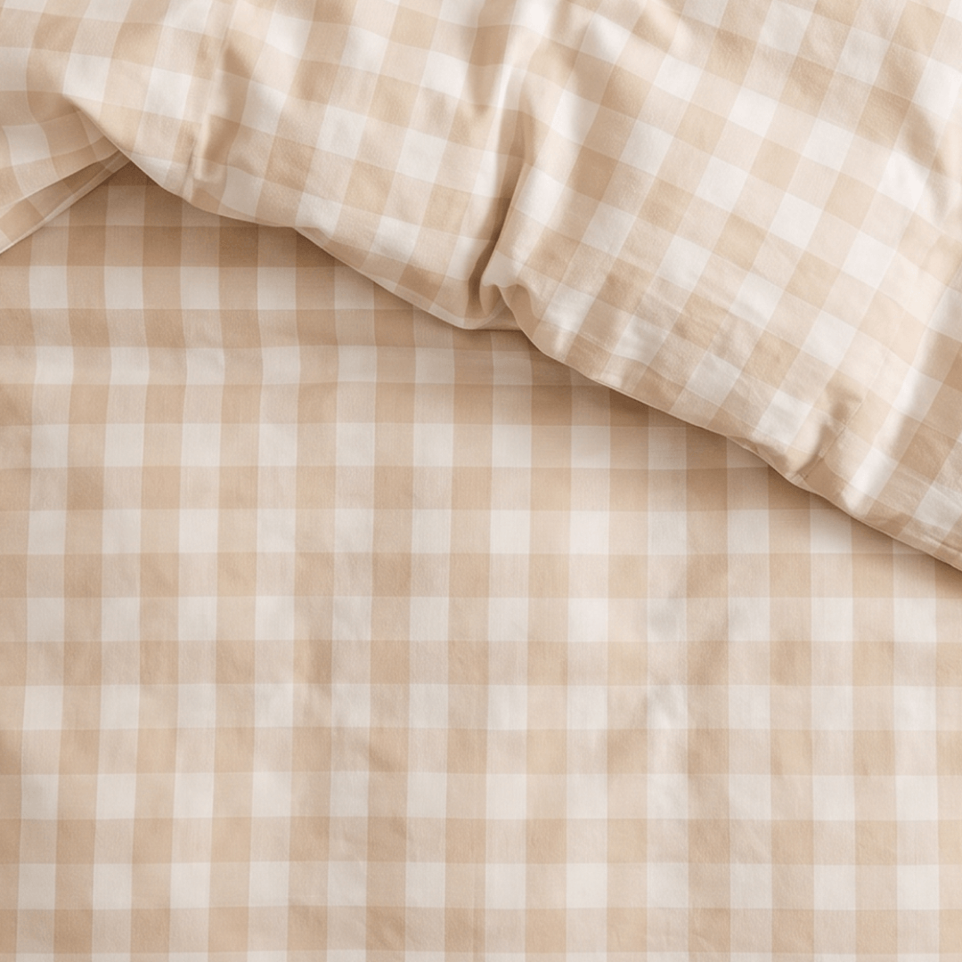 Close-up of the beige gingham quilt cover fabric, highlighting the classic checkered design, soft texture, and lightweight material.