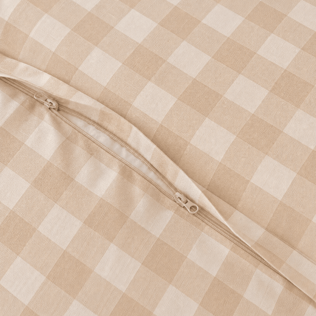 Close-up of the concealed zipper closure on the beige gingham quilt cover, highlighting the hidden zip design for a secure fit and clean finish.