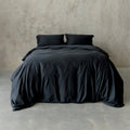 Black bedding set on a bed against a beige wall.
