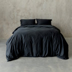 Black bedding set on a bed against a beige wall.