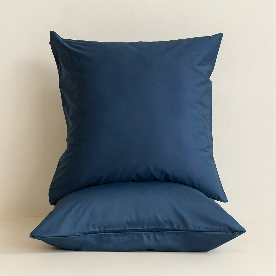 Two navy blue pillows on a beige background.