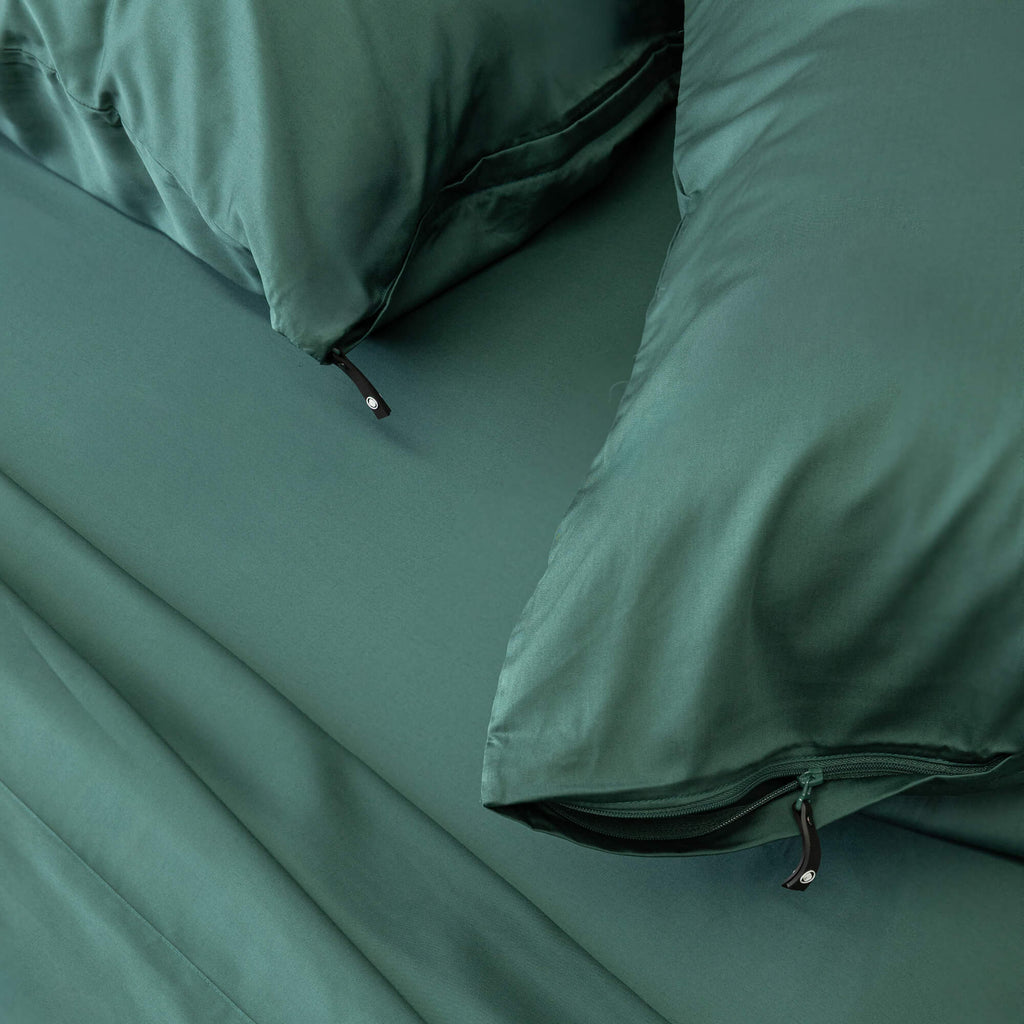 Close up of pillows and pillowcases with zip detail in Port Douglas Green