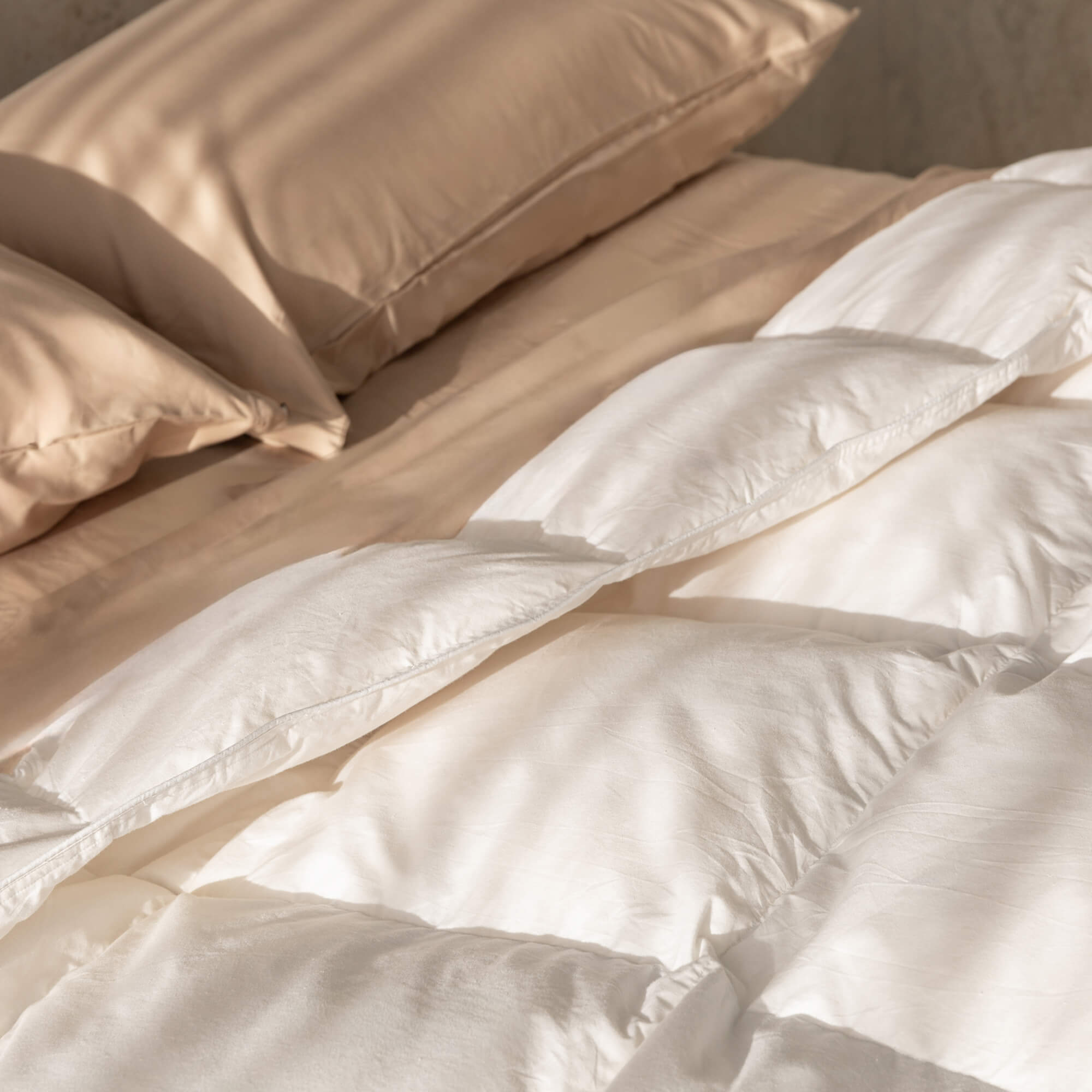 Beige comforter and pillows on a bed with a neutral background.
