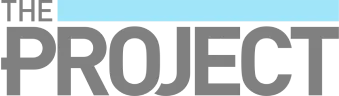 Logo of 'The Project' with a gray text on a light blue background