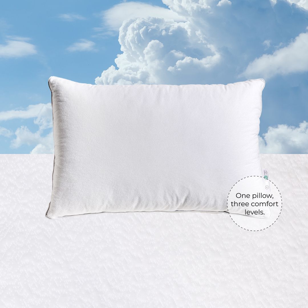 White pillow with text 'One pillow, three comfort levels' against a blue sky with clouds.