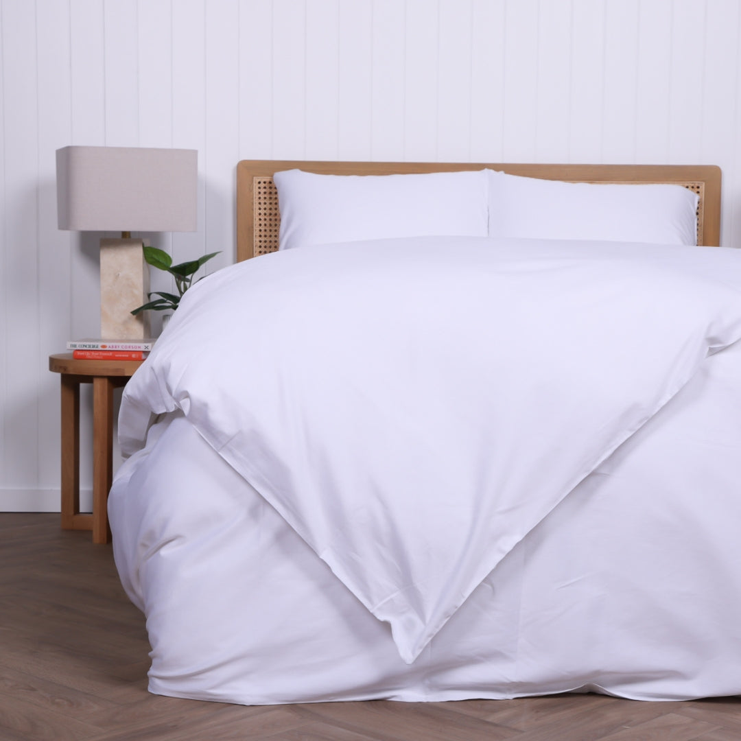 Close-up of Whitehaven duvet corner fold showcasing fabric texture and craftsmanship.