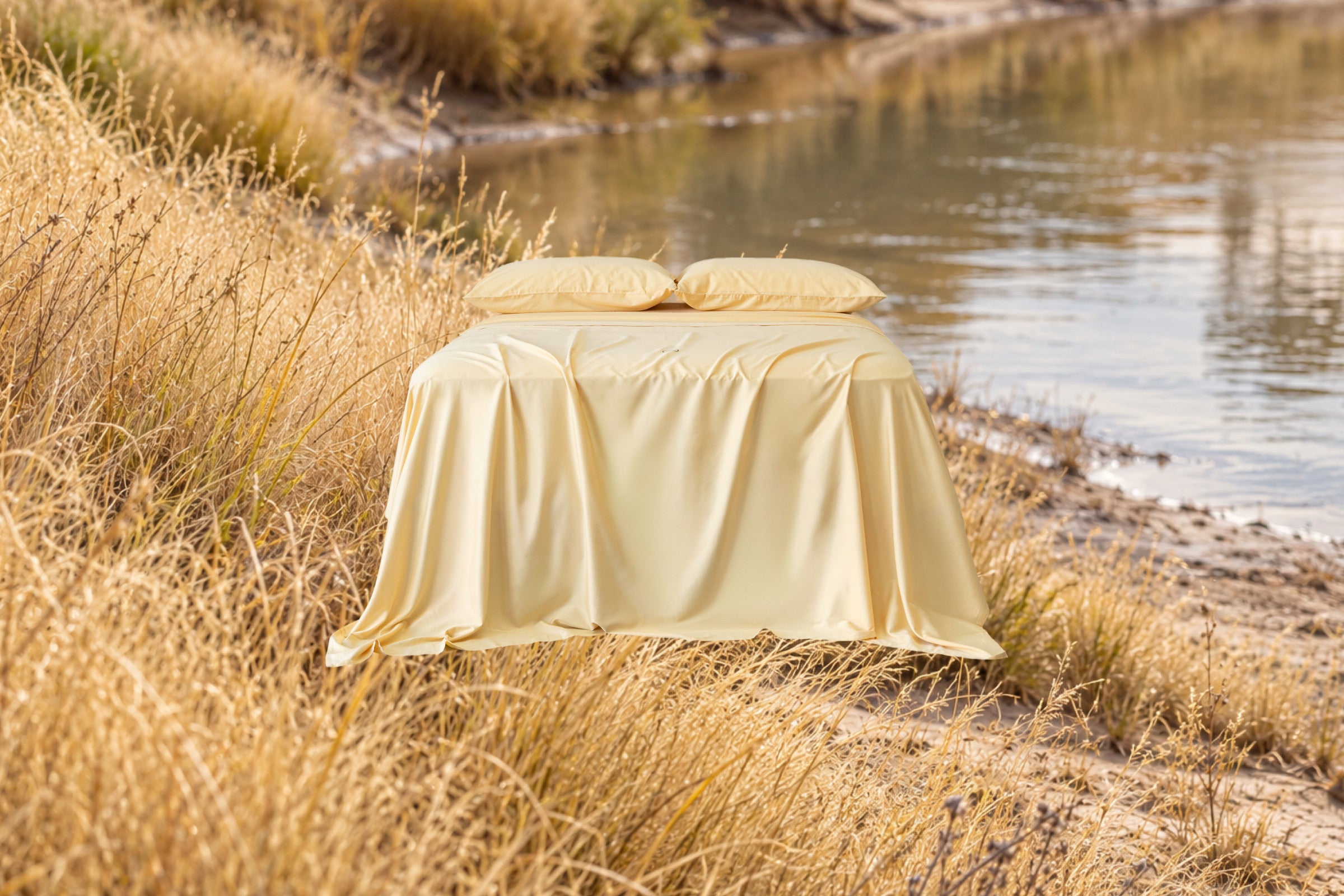 Little River bedding against the Australian landscape that inspired the colour